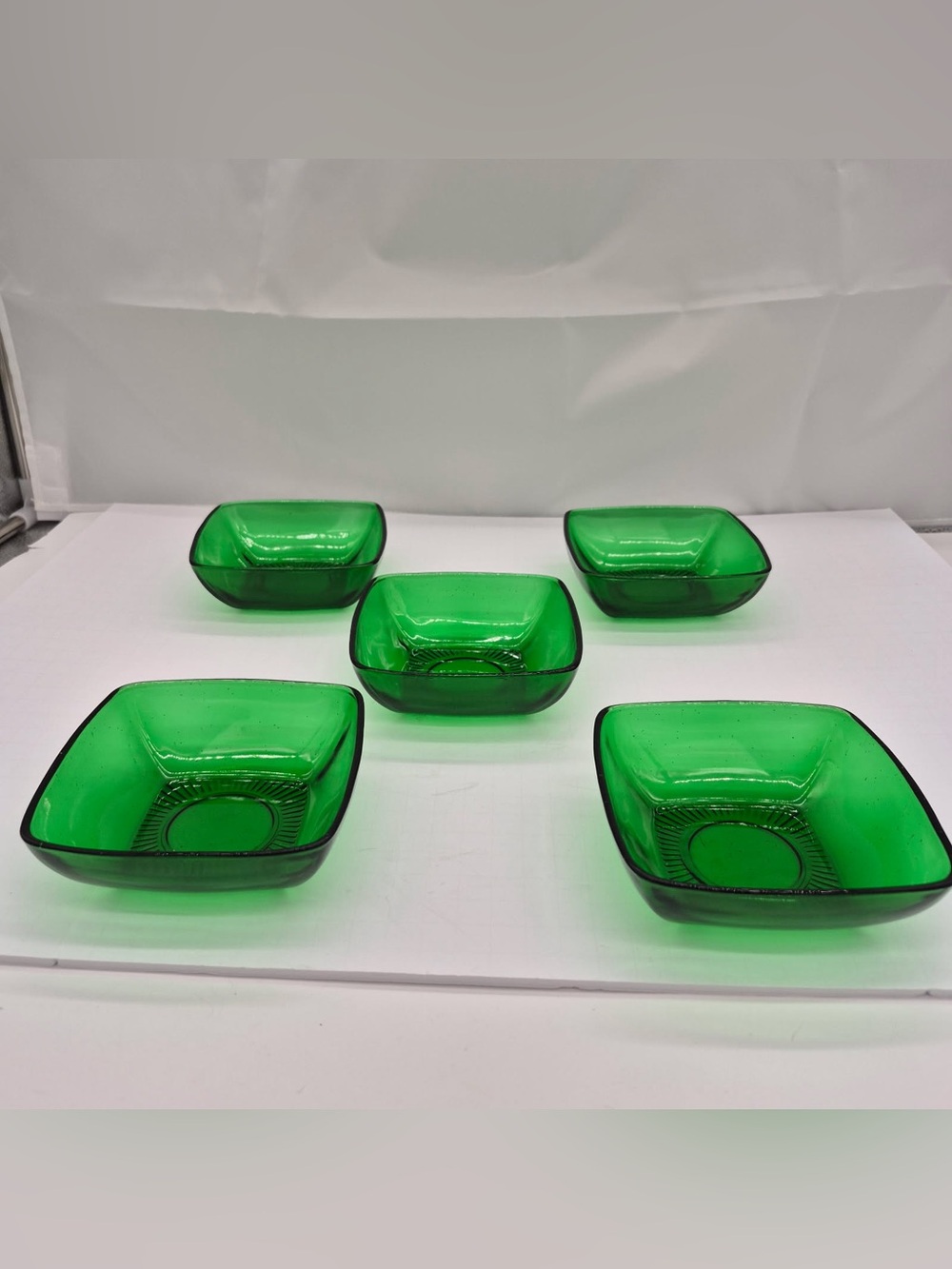 5 Gorgeous VTG Anchor Hocking Charm Forest Green Glass Square Dessert Bowls MCM
